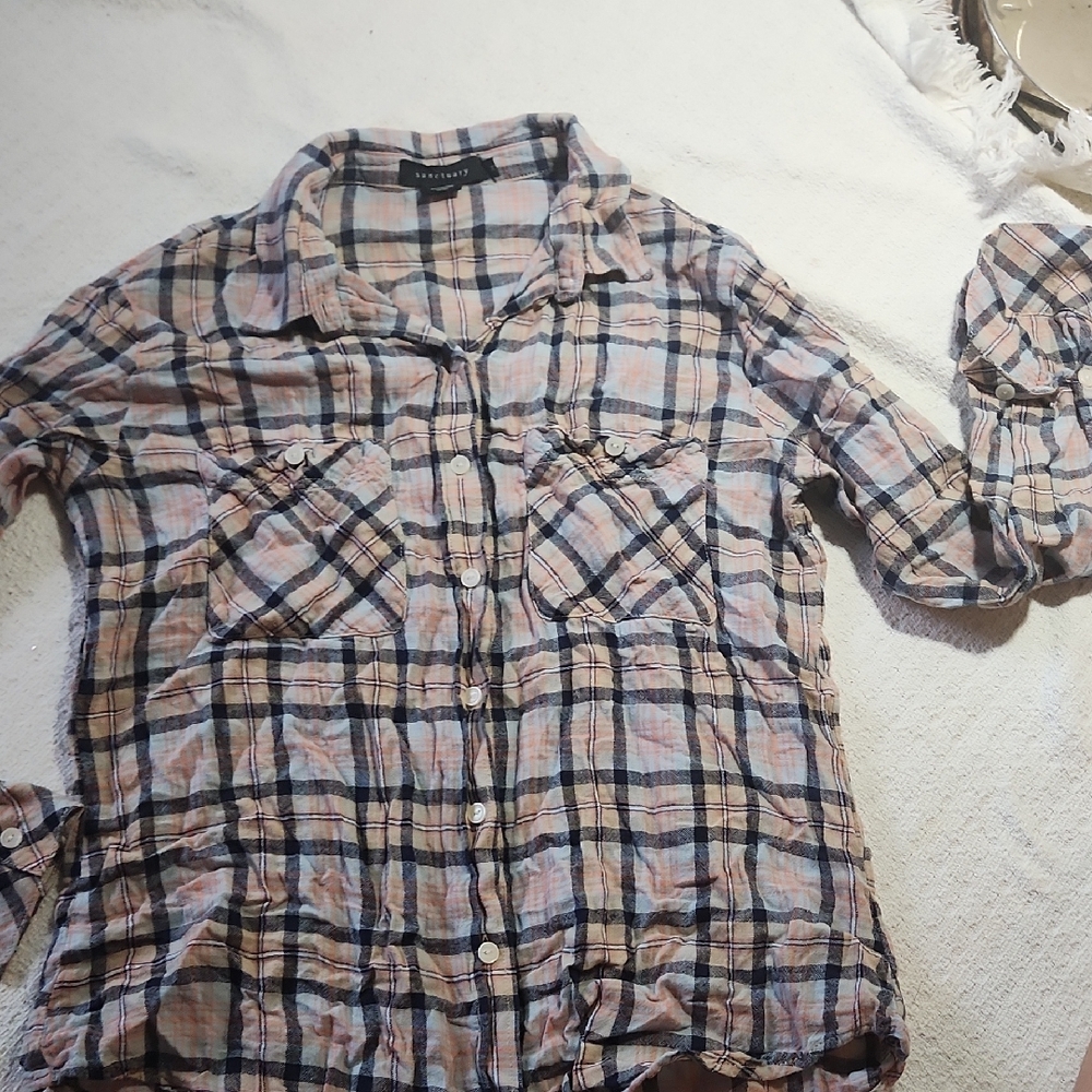 Sanctuary Peach and Navy Plaid Boyfriend Shirt